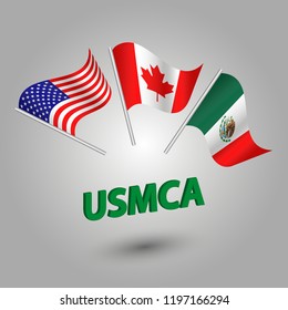 vector set of three waving american, canadian and mexican flags on silver pole - icon of states - the united states of America Mexico Canada Agreement with 3d green text title USMCA
