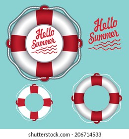 Vector set with three White lifebuoy with red stripes and rope.Volume and flat icon,symbol.Inscription Hello summer!