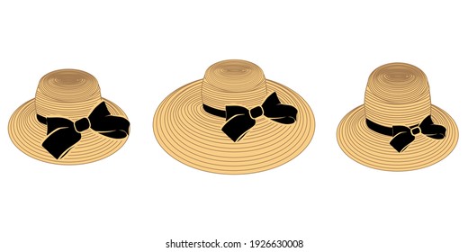 vector set of three wide-brimmed beach hats in yellow and black on a white background