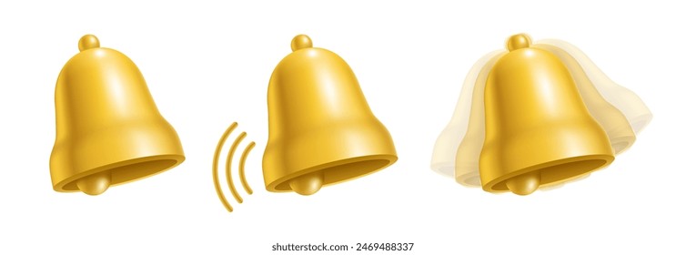 Vector set of three yellow bells showing various stages of ringing, from still to high motion, isolated on a white background.