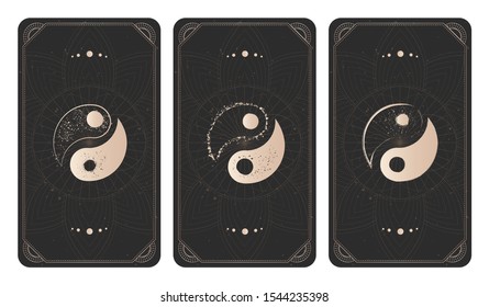 Vector set of three yin yang signs on dark backgrounds with geometric shape and frames. Symbols with grunge elements. Illustration in black and gold colors. For you design and magic craft.