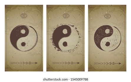Vector set of three yin yang signs on vintage backgrounds with geometric shape and frames. Symbols with grunge elements. In sepia colors. For you design and magic craft.