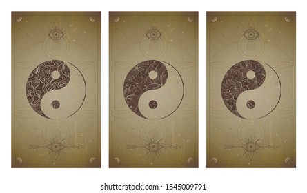 Vector set of three yin yang signs on vintage backgrounds with geometric shape and frames. Symbols with floral elements. In sepia colors. For you design and magic craft.