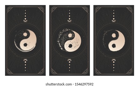 Vector set of three yin yang signs on dark backgrounds with geometric shape and frames. Symbols with grunge elements. Illustration in black and gold colors. For you design and magic craft.