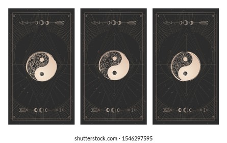 Vector set of three yin yang signs on dark backgrounds with geometric shape nd frames. Symbols with grunge and floral elements. Illustration in black and gold colors. For you design and magic craft.