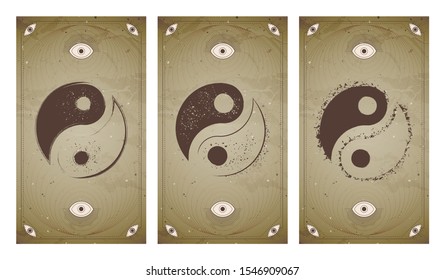 Vector set of three yin yang signs on vintage backgrounds with geometric shape and frames. Symbols with grunge elements. In sepia colors. For you design and magic craft.