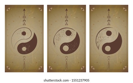 Vector set of three yin yang signs on vintage backgrounds with geometric shape and frames. Symbols with grunge elements. In sepia colors. For you design and magic craft.