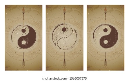 Vector set of three yin yang signs on vintage backgrounds with geometric shape and frames. Symbols with grunge elements. In sepia colors. For you design and magic craft.