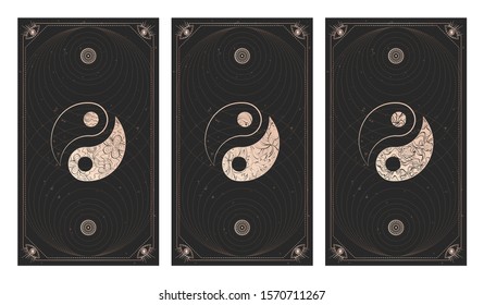 Vector set of three yin yang signs on dark backgrounds with geometric shape, grunge textures and frames. Symbols with floral elements. Illustration in black and gold colors. 