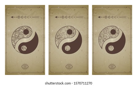 Vector set of three yin yang signs on vintage backgrounds with geometric shape  and frames. Symbols with floral elements. In sepia colors. For you design and magic craft.