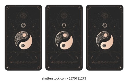 Vector set of three yin yang signs on dark backgrounds with geometric shape, grunge textures and frames. Symbols with  floral elements. Illustration in black and gold colors. 