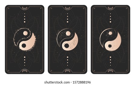 Vector set of three yin yang signs on dark backgrounds with geometric shape and frames. Symbols with grunge elements. Illustration in black and gold colors. 