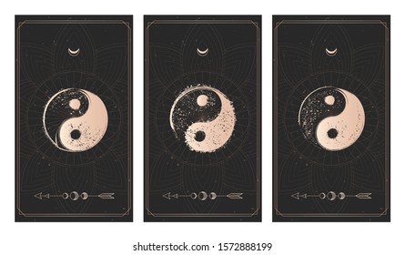 Vector set of three yin yang signs on dark backgrounds with geometric shape and frames. Symbols with grunge elements. Illustration in black and gold colors. 