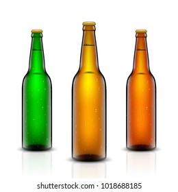 Vector set, Three-dimensional bottles. 3d illustration of empty beer bottles. Packing for your design. Realistic set of isolated objects.