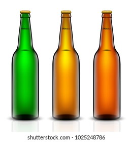 Vector set, Three-dimensional bottles. 3d illustration of empty beer bottles. Packing for your design. Realistic set of isolated objects.