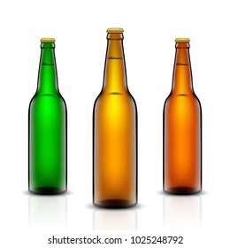 Vector set, Three-dimensional bottles. 3d illustration of empty beer bottles. Packing for your design. Realistic set of isolated objects.