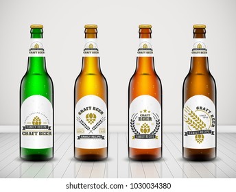 Vector set, Three-dimensional bottles. 3d illustration of empty beer bottles. Packing for your design. Realistic set of isolated objects.