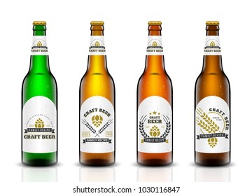 Vector set, Three-dimensional bottles. 3d illustration of empty beer bottles. Packing for your design. Realistic set of isolated objects.