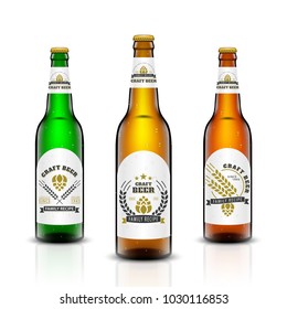 Vector set, Three-dimensional bottles. 3d illustration of empty beer bottles. Packing for your design. Realistic set of isolated objects.