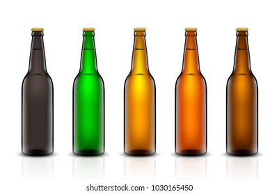 Vector set, Three-dimensional bottles. 3d illustration of empty beer bottles. Packing for your design. Realistic set of isolated objects.