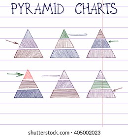 Vector set of three-layered pyramids. Hand drawn diagrams that were shaded by different texture. Collection includes arrows and underlines. Set for infographics.