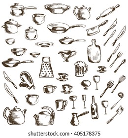vector set of thumbnail icons of dishes and kitchen utensils isolated on white background