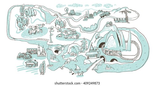 Vector set of thumbnails. It can be used as independent elements and graphic design as a separate illustration. Country life, recreation, tourism, agriculture, countryside