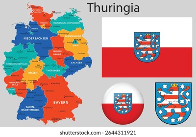 Vector set of Thuringia including the official flag, coat of arms, and updated map. Part of the complete German flag and emblem collection.