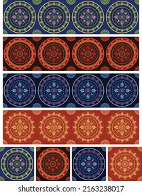 Vector set of tibetan prints seamless art pattern seamless mandala lotus pattern with hot and cool tones India, Bhutan, Japan, Tibet, Mongolia, Sri Lanka.