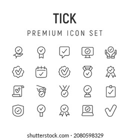 Vector set of tick thin line icons. Design of 20 stroke pictograms. Signs of tick isolated on a white background.