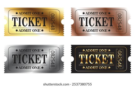 Vector set ticket template. Cinema, theater, casino, concert, game, party, event, festival gold ticket. Invite ticket for casino club. Admit one. Vector illustration. Gold, silver, bronze.