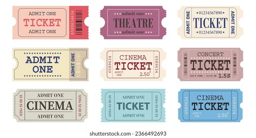 Vector set of ticket templates. Event admission, entrance pass set. Vector illustration