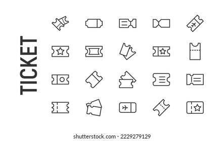 Vector set of ticket thin line icons. Design of 20 stroke pictograms. Signs of ticket isolated on a white background.