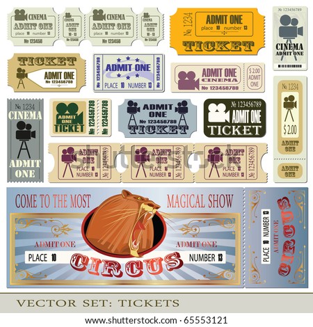 Vector set: tickets admit one in different styles.