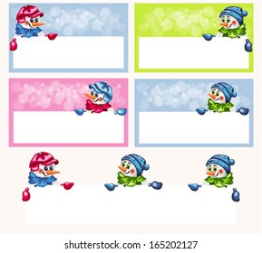 Vector set: tickets. Illustration of nice playful snowmen on a colourful background. Place for your text.