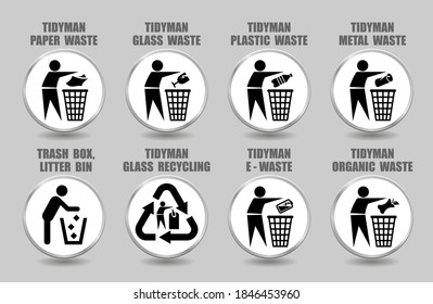 Vector set of tidy man icons with plastic, glass, paper, metal, organic, battery waste management signs. Pictograms of different trash, litter, rubbish recycling symbols isolated on white