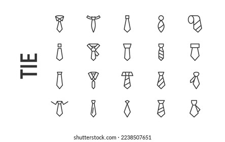 Vector set of tie thin line icons. Design of 20 stroke pictograms. Signs of tie isolated on a white background.