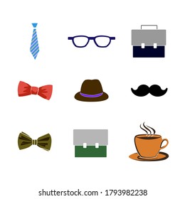 A vector set of tie/ribbon, glasses, bag, hat, mustache, and cup of coffee. Vector icons.