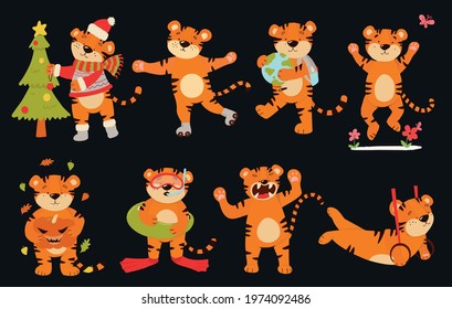 Vector set of tiger cubs in different poses. Tigers with a globe, pumpkin, on rollers, with a Christmas tree.