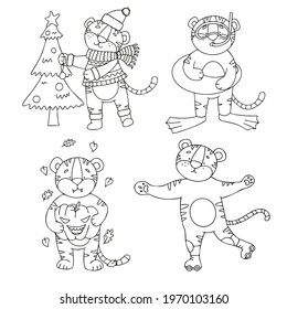 Vector set of tiger cubs in doodle style each corresponds to the old season. Tigers are drawn with a line for coloring by children.