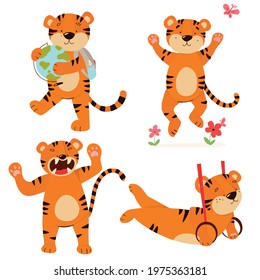 Vector set of tiger cubs in style in different poses. Tigers are painted with bright colors.