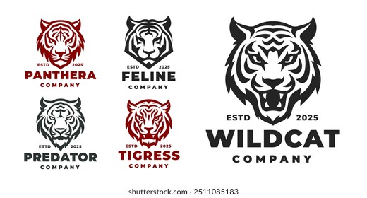 Vector set of tiger emblems for a variety of companies, featuring bold designs symbolizing strength and power. Ideal for logos, branding, and graphic design projects.