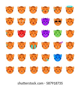 Vector set of tiger emoji, stickers and icons. Tiger emotions set, various expressions. Happiness, sadness, joy, fear, anger, sickness, tears.