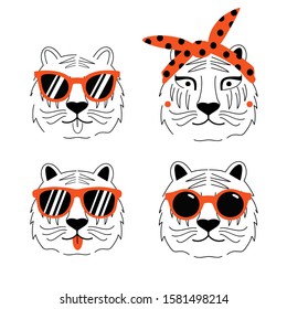 Vector set with tiger heads in red headband and sunglasses. Trendy male and female animal collection, fashion apparel print design, minimal home decoration poster art