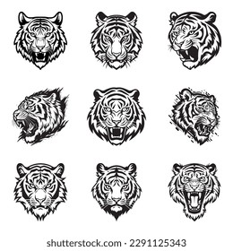 Vector set of tiger logos, face for logos, emblems, badges and labels. Isolated on white background