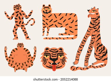 Vector set with tigers. Trendy collection, apparel print design templates, logo, greeting card, calendar, celebration typography posters with cartoon style animals