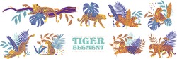 Vector Set Of Tigers And Tropical Leaves. Jungle Illustration.
