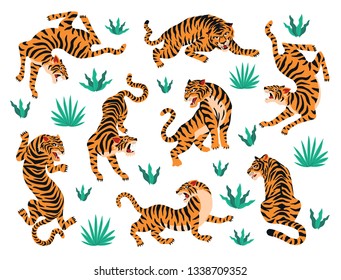 Vector set of tigers and tropical leaves. Trendy illustration.