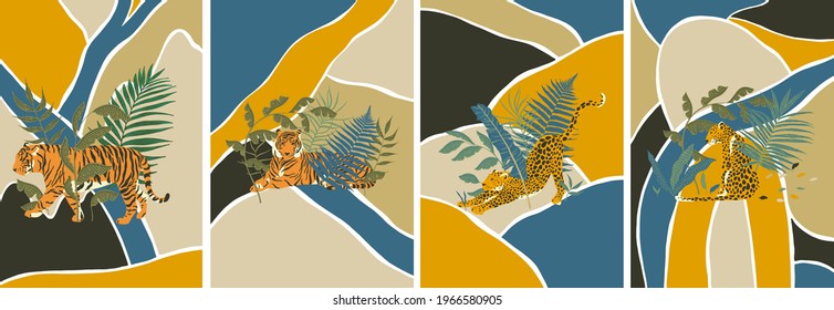 Conjunto de vectores de tigres y hojas tropicales. ilustración de la jungla.