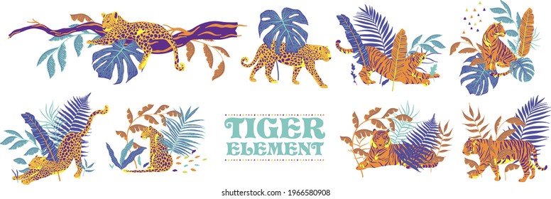 Vector set of tigers and tropical leaves. jungle illustration.